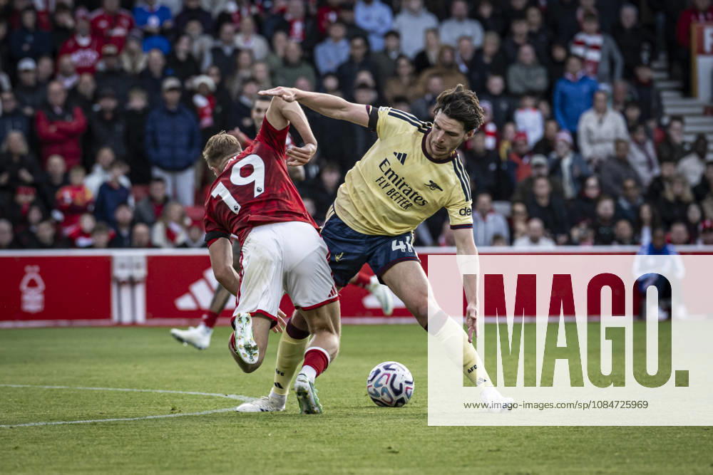 18th October 2026; The City Ground, Nottingham, Nottinghamshire, England; Premier League Football, Nottingham Forest versus Arsenal; Liam Delap of Nottingham Forest is fouled by Declan Rice of Arsenal GodfreyxPitt