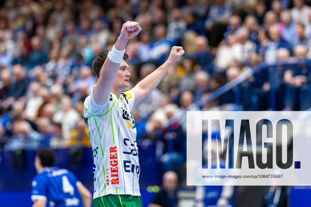 Oskar Sunnefeldt, Frisch Auf Göppingen, 27, celebrates; GER, TBV Lemgo Lippe vs. Frisch Auf Göppingen, Handball, 1st Bundesliga, Matchday 9, 2026–2027 season, October 18, 2026 GER, TBV Lemgo Lippe vs. Frisch Auf Göppingen, Handball, 1st Bundesliga, Matchday 9, 2026–2027 season, October 18, 2026 Lemgo