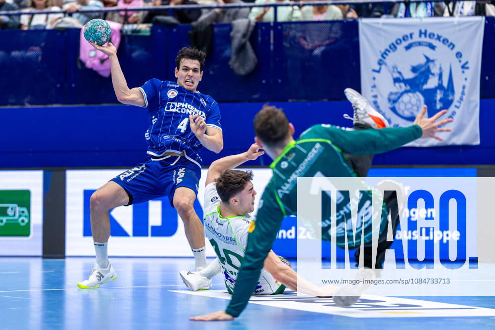 L R Samuel Zehnder, TBV Lemgo Lippe, 04 (goal throw), Elias Newel, Frisch Auf Göppingen, 40, Julian Buchele, Frisch Auf Göppingen, 01 GER, TBV Lemgo Lippe vs. Frisch Auf Göppingen, Handball, 1st Bundesliga, Matchday 9, 2026–2027 season, October 18, 2026 GER, TBV Lemgo Lippe vs. Frisch Auf Göppingen, Handball, 1st Bundesliga, Matchday 9, 2026–2027 season, October 18, 2026 Lemgo