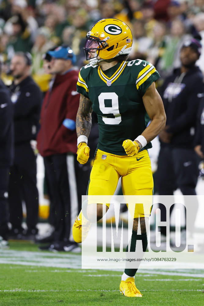 GREEN BAY, WI - OCTOBER 18: Green Bay Packers wide receiver Christian Watson (9) looks back for a ball during a game between the Green Bay Packers and the Dallas Cowboys on October 18, 2026 at Lambeau Field in Green Bay, WI. (Photo by Larry Radloff Icon Sportswire) NFL, American Football Herren, USA OCT 18 Cowboys at Packers Icon2610181526