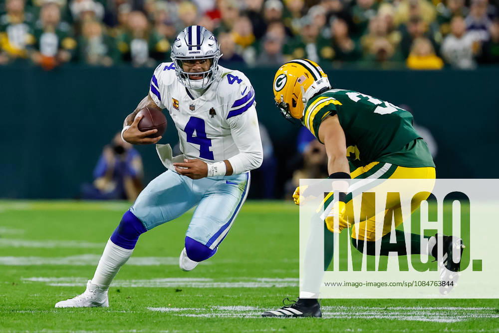 Oct 18, 2026; Green Bay, WI, USA; Dallas Cowboys quarterback Dak Prescott (4) running the ball during the NFL, American Football Herren, USA game against the Green Bay Packers at Lambeau Field. Mandatory Credit: -Cal Media. NFL 2026: Cowboys Vs Packers OCT 18 - ZUMAc04_ 20261018_zma_c04_500