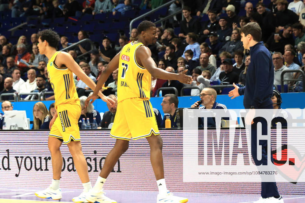 Germany, GER, DEU, Basketball, BBL Cup, Day 1, 2026–2027 Season, Berlin, ALBA Berlin vs. Bamberg HEAD COACH Pedro Calles, ALBA Berlin; Sima Fatty Yankuba, ALBA Berlin 77; BRANDON ANGEL, ALBA Berlin 21; nordphoto GmbH, Engler Berlin, Uber Arena, Berlin, Germany