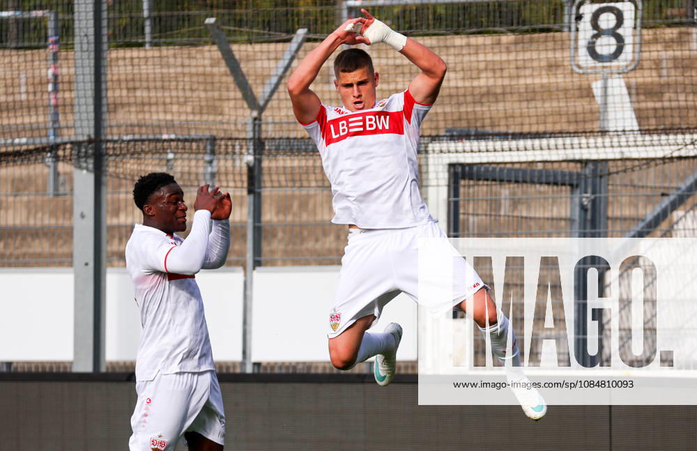 Stuttgart, U19 Champions League, 2026–2027 season, U19 Youth League: VfB Stuttgart vs. Atlético Madrid, celebration after the 1–1 goal, goal scorer Enis Redzepi (VfB)