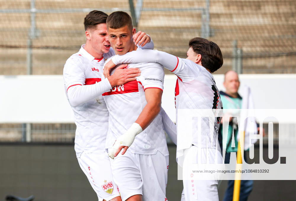 Stuttgart, U19 Champions League soccer, 2026–2027 season, U19 Youth League: VfB Stuttgart vs. Atlético Madrid, celebration after the 1–1 goal, goal scorer Enis Redzepi (VfB)