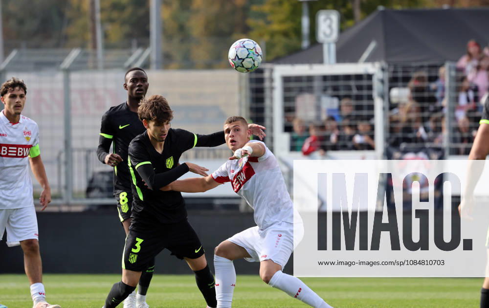 U19 VfB Stuttgart vs. U19 Atlético Madrid Germany, Stuttgart, October 20, 2026, Soccer, UEFA Youth League, 2026–2027 season, VfB Stuttgart U19 vs. Atlético Madrid U19: Oscar Parejo (Atlético Madrid U19), Enis Redzepi (VfB Stuttgart U19)