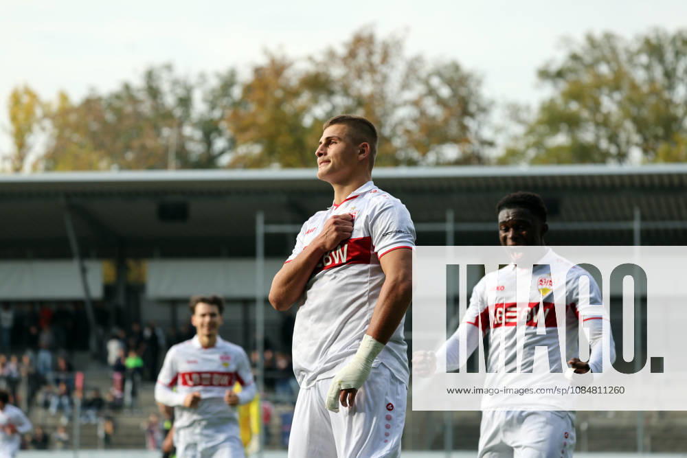 U19 VfB Stuttgart vs. U19 Atlético Madrid Germany, Stuttgart, October 20, 2026, Soccer, UEFA Youth League, 2026–2027 Season, U19 VfB Stuttgart vs. U19 Atlético Madrid, Enis Redzepi, U19 VfB Stuttgart, celebration, goal, penalty kick, 1–1, Redzepi