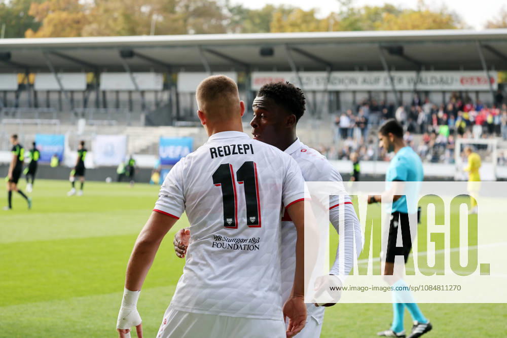 U19 VfB Stuttgart vs. U19 Atlético Madrid Germany, Stuttgart, October 20, 2026, Soccer, UEFA Youth League, 2026–2027 Season, U19 VfB Stuttgart vs. U19 Atlético Madrid: Enis Redzepi and Brayann Kenmoe, both of U19 VfB Stuttgart, celebrate a goal from a penalty kick; score 1–1; Redzepi