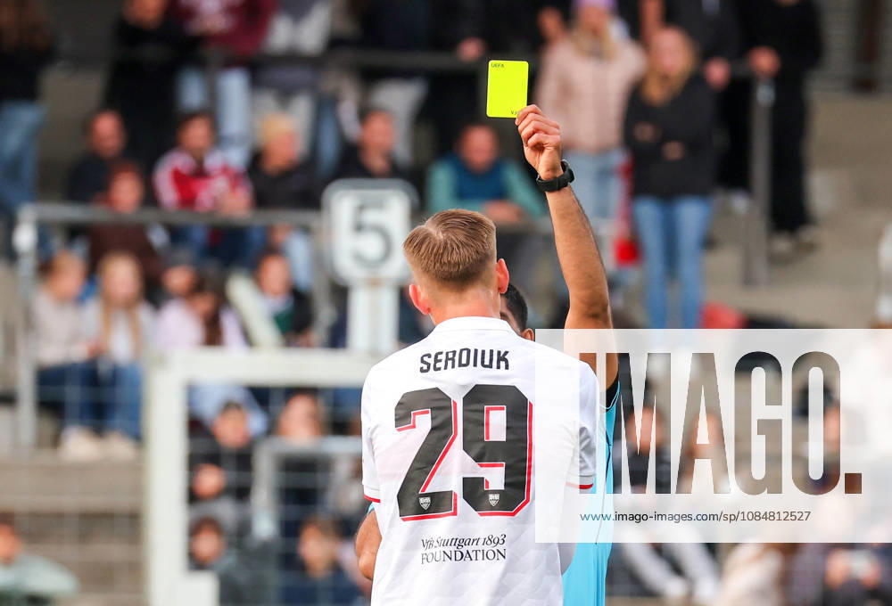 Stuttgart, U19 Champions League, 2026–2027 season, U19 Youth League: VfB Stuttgart vs. Atlético Madrid, Kirill Serdiuk (VfB) receives a yellow card