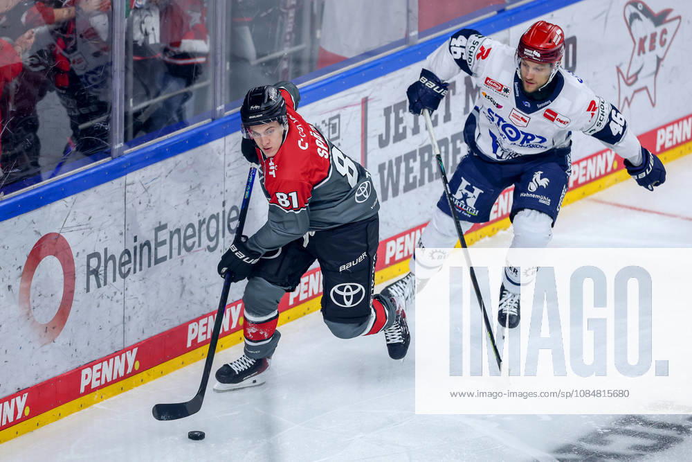 Ice hockey, DEL, Kölner Haie vs. Schwenninger Wild Wings, Matchday 49, 2026–27 season, Lanxess Arena, Cologne; Mateu Späth (Kölner Haie, 81) in a battle against Eric Martinsson (SWW, 46); North Rhine-Westphalia, Germany