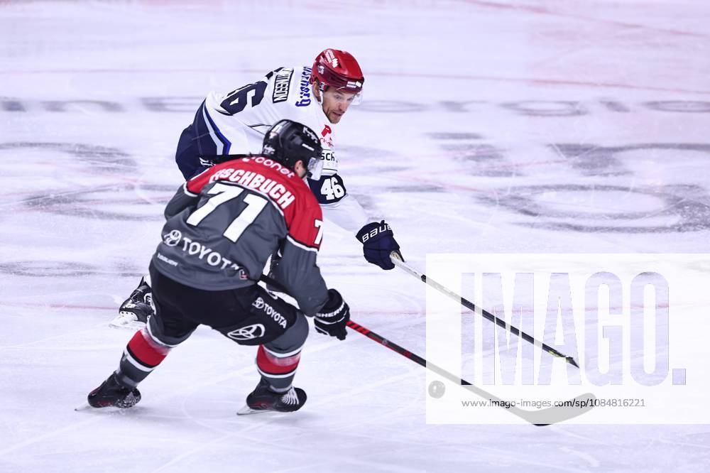 Eric Martinsson (Schwenninger Wild Wings), No. 46, in a one-on-one battle with Daniel Fischbuch (Kölner Haie), No. 71, GER, Kölner Haie vs. Schwenninger Wild Wings, ice hockey, Penny DEL, Matchday 49, 2026–2027 season, October 20, 2026, GER, Cologne Sharks vs. Schwenninger Wild Wings, Ice Hockey, Penny DEL, Matchday 49, 2026–2027 Season, October 20, 2026, Cologne