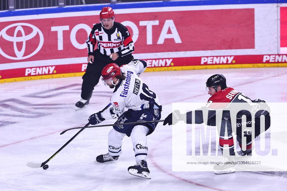 Mirko Hoefflin of the Schwenninger Wild Wings (No. 10) in a one-on-one battle with Jan Luca Sennhenn of the Koelner Haie (No. 17), GER, Koelner Haie vs. Schwenninger Wild Wings, ice hockey, Penny DEL, Matchday 49, 2026–2027 season, October 20, 2026 GER, Cologne Sharks vs. Schwenningen Wild Wings, Ice Hockey, Penny DEL, Matchday 49, 2026–2027 Season, October 20, 2026 Cologne