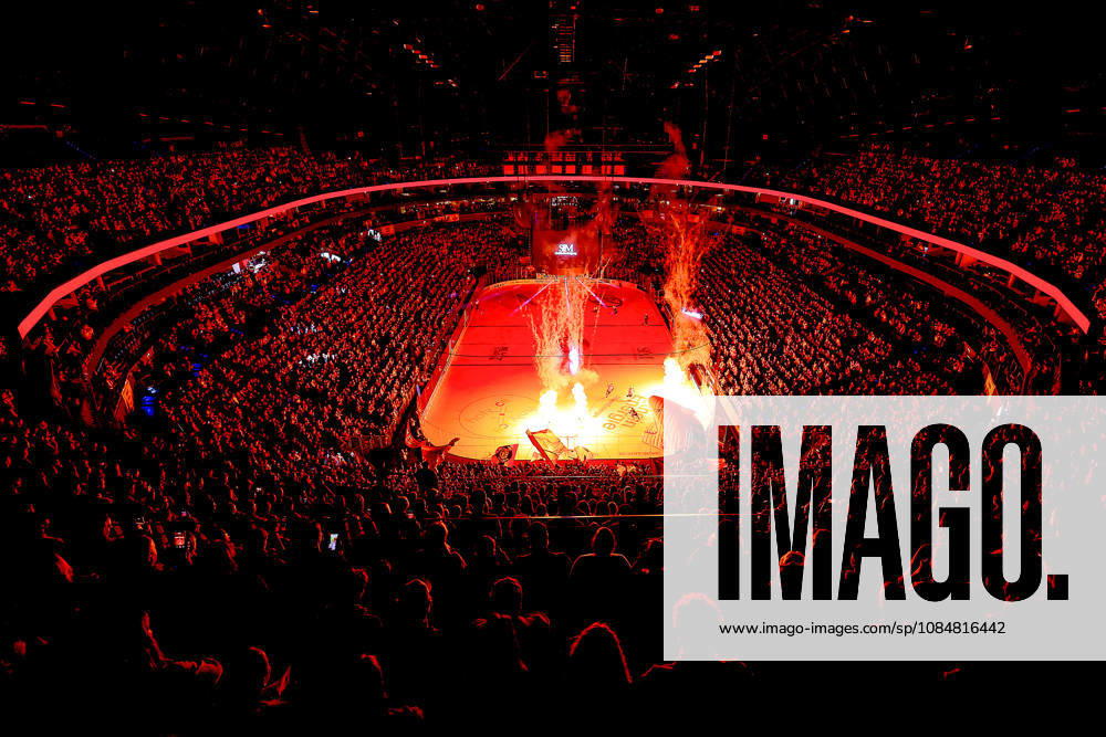 Ice Hockey, DEL, Kölner Haie vs. Schwenninger Wild Wings, Matchday 49, 2026–27 Season, Lanxess Arena Cologne, Interior view of the arena, Haie’s pre-game show featuring fire and pyrotechnics, North Rhine-Westphalia, Germany