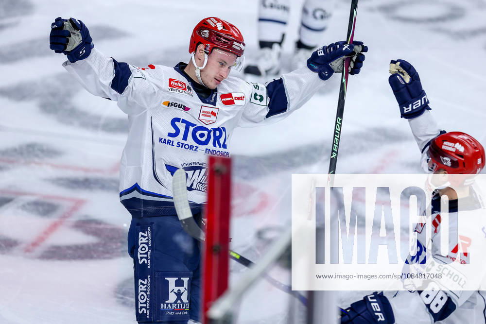 Ice hockey, DEL, Kölner Haie vs. Schwenninger Wild Wings, Matchday 49, 2026–27 season, Lanxess Arena, Cologne; celebration after the 1–0 goal scored by Philip Feist (SWW 09), along with North Rhine-Westphalia, Germany