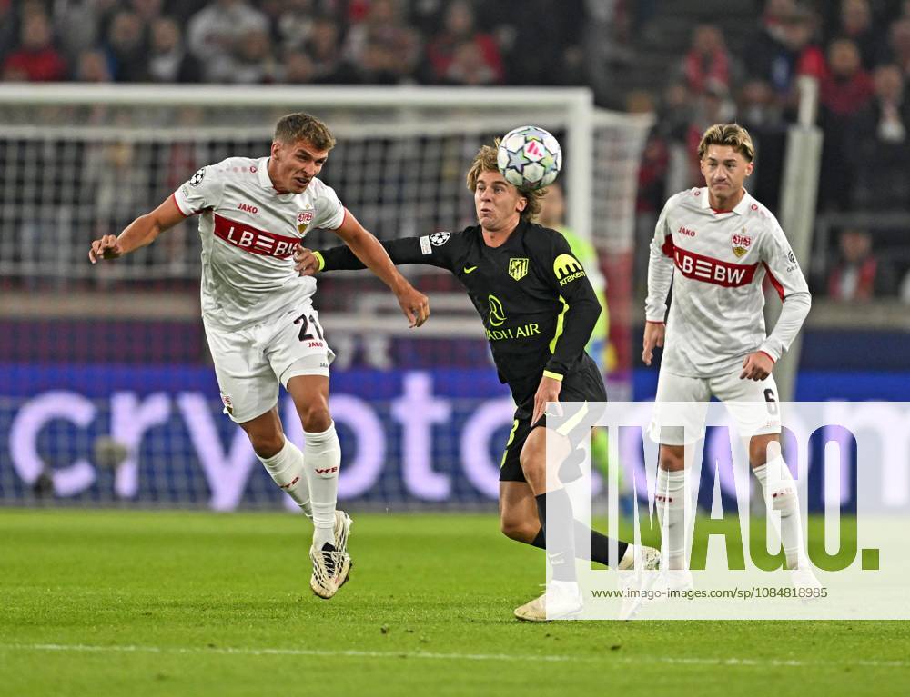 2026–2027 UEFA Champions League, Matchday 3, VfB Stuttgart vs. Atlético Madrid, at the MHP Arena in Stuttgart, from left: Grischa Prömel (Stuttgart), Pablo Barrios (Atlético Madrid), and Angelo Stiller (Stuttgart)