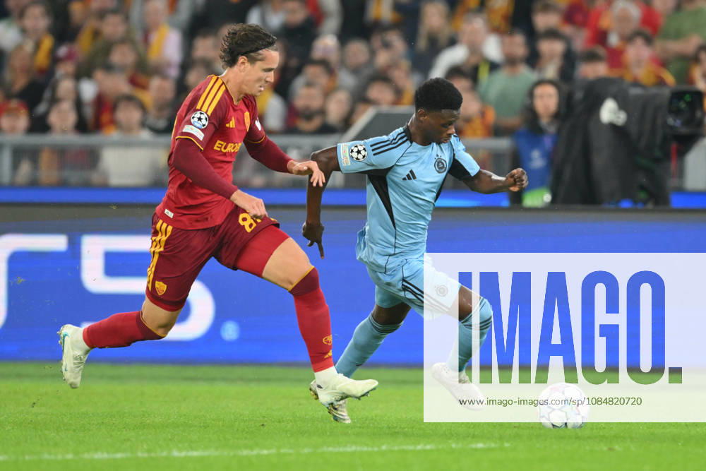 20th October 2026; Stadio Olimpico, Rome, Italy; UEFA Champions League Football, Roma versus Slovan Bratislava; Suleiman Camara of Slovan Bratislava under pressure from Daniele Ghilardi of Roma AllShotLive