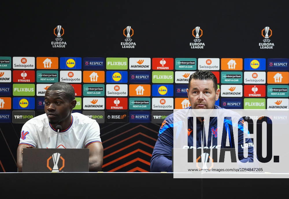 Ahead of Besiktas v Crystal Palace - UEFA Europa League ISTANBUL, TURKIYE - OCTOBER 21: Pierre Sage (R), head coach of Crystal Palace and Tyrick Mitchell (L) of Crystal Palace attend a press conference, PK, Pressekonferenz at Tupras Stadium ahead of UEFA Europa League football match against Besiktas in Istanbul, Turkiye on October 21, 2026. Esra Bilgin Anadolu Istanbul Turkey. Editorial use only. Please get in touch for any other usage.
