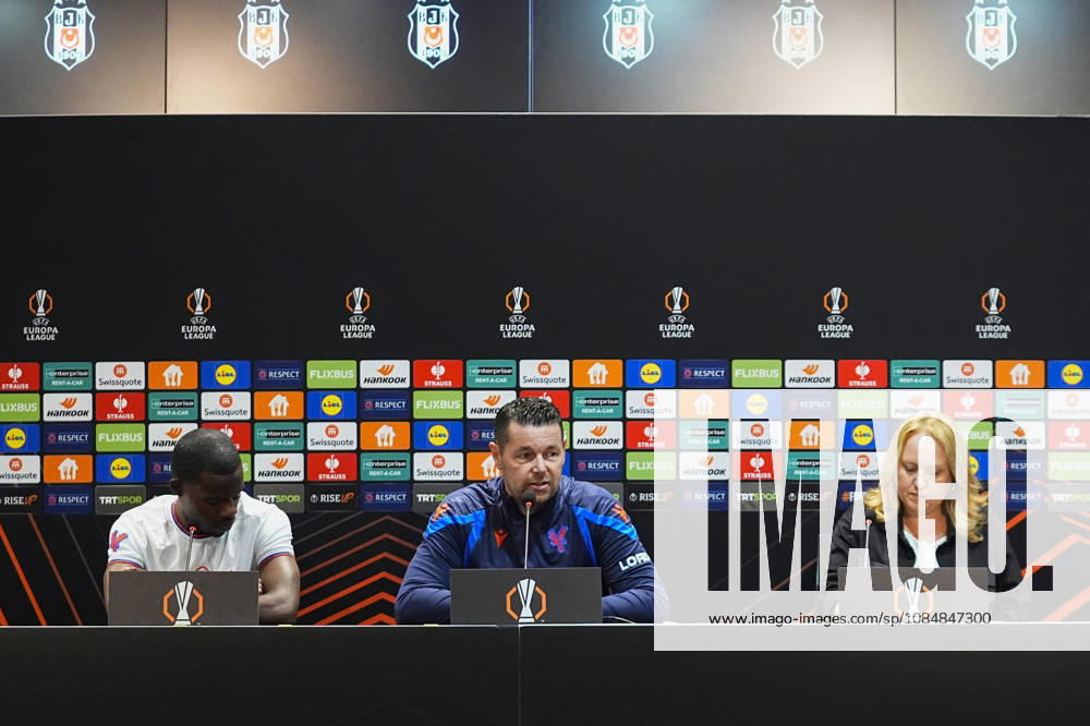 Ahead of Besiktas v Crystal Palace - UEFA Europa League ISTANBUL, TURKIYE - OCTOBER 21: Pierre Sage (C), head coach of Crystal Palace and Tyrick Mitchell (L) of Crystal Palace attend a press conference, PK, Pressekonferenz at Tupras Stadium ahead of UEFA Europa League football match against Besiktas in Istanbul, Turkiye on October 21, 2026. Esra Bilgin Anadolu Istanbul Turkey. Editorial use only. Please get in touch for any other usage.