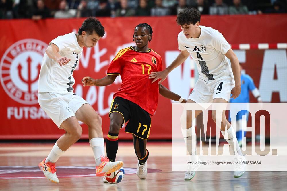 Belgium vs Slovenia - FIFA Futsal World Cup 2028 Main Round Group Phase ANTWERPEN, BELGIUM - OCTOBER 21 : Mbazoa Julien of Red Devils Futsal, Mihael Cop of Slovenia during the FIFA Futsal World up 2028 main round group phase at the Lotto Arena on October 21, 2026 in Antwerpen, Belgium, 21 10 2026 Antwerpen Belgium