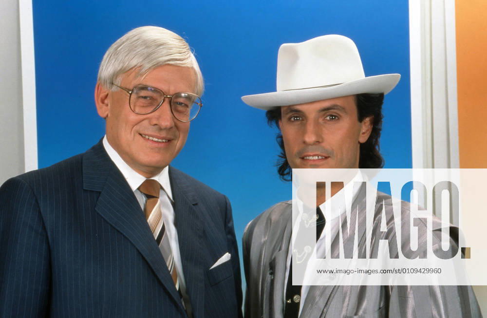 NDR Talkshow anniversary NDR Talkshow, 10 anniversary of the talk show from Hamburg, broadcast from 27 June 1989, talk guest Federal Post Minister Christian Schwarz Schilling with singer Peter Schilling with hat, Hamburg Hamburg Germany