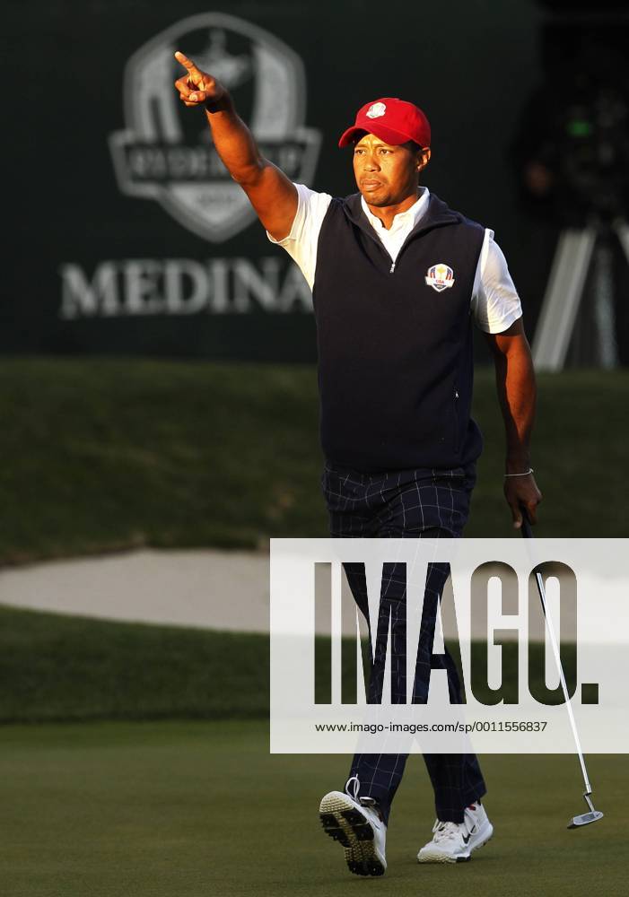 Sept. 28, 2012 - Medinah, IL, USA - Tiger Woods celebrates making a putt on the 16th hole during the afternoon rounds of the first day of the Ryder Cup at Medinah Country Club in Medinah, Illinois, Friday, September 28, 2012. 2012 Ryder Cup - ZUMAm67
