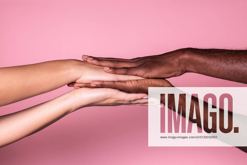 IMAGO Creative: Gesellschaft, Integration Multi-ethnic hands of white woman and black man touching palms gently isolated on pink background; unity and inclusion concept