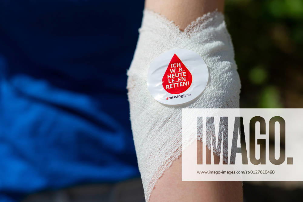 Melle, Germany 30 July 2021 Germany is experiencing a massive shortage of blood supplies The Corona pandemic is further exacerbating the annual summer shortage In the picture, a forearm, with a bandage after donating blood at the DRK On the bandage is a sticker that says I was saving lives today missingtype district of Osnabrück Lower Saxony
