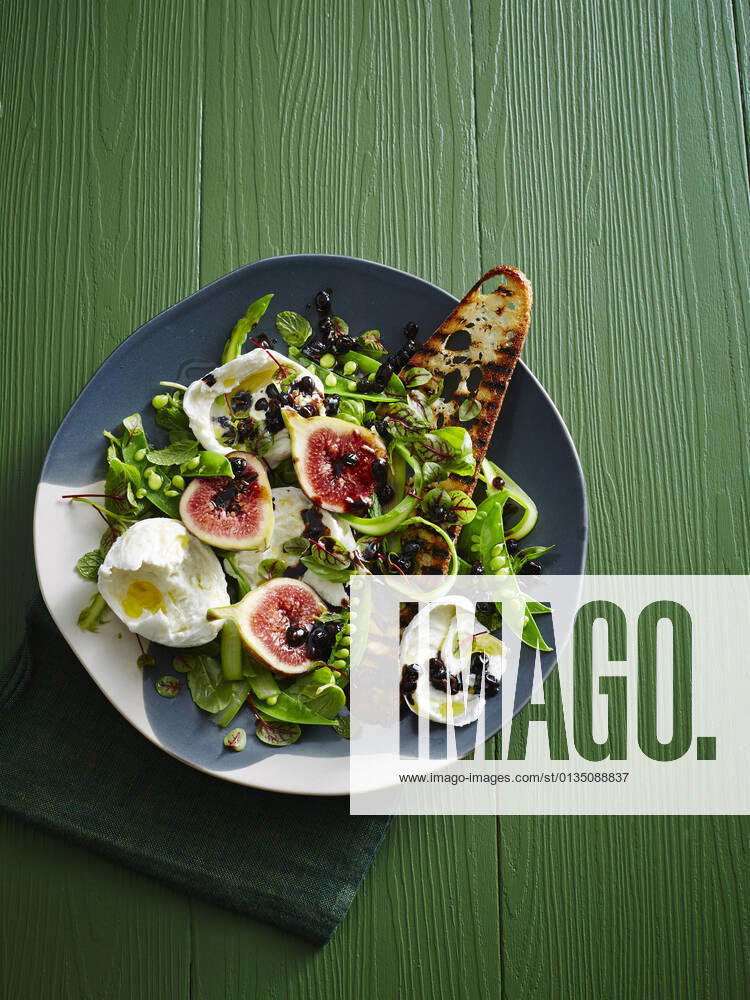 Plate of pea Salad - figs, balsamic glaze, burrata, micro herbs, asparagus and grilled sourdough bread, 12.02.2015,