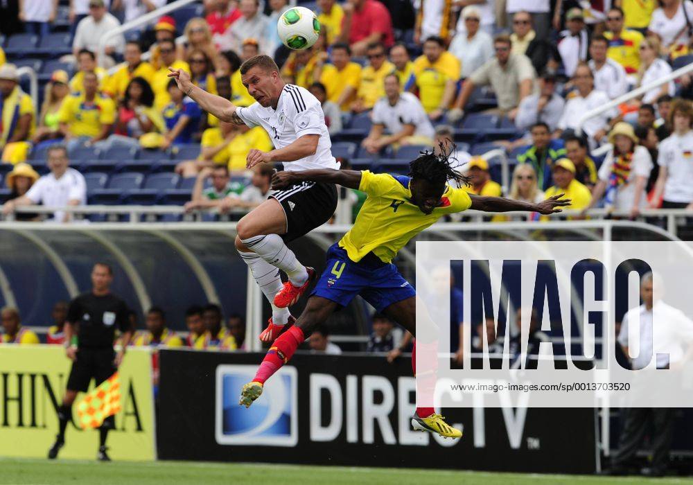 MAY 29 2013: Boca Raton, Florida, USA, Germany s (10) Lukas Podolski and Ecuador s (4 ) Juan Carlos Parades during Germany v Ecuador friendly International soccer match. SOCCER: MAY 29 Germany v Ecuador Icon1305290646