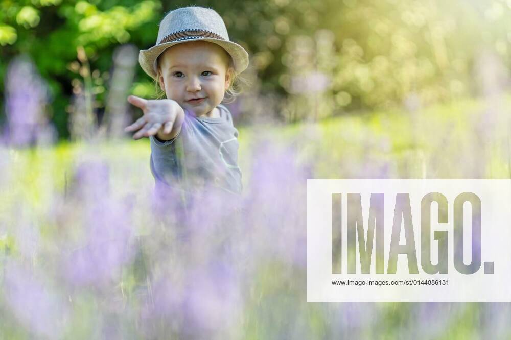 Cute little baby boy with hat is posing behind lavender model released, Symbolfoto, 25.10.2021,