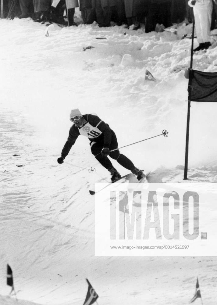 1956 Winter Olympic Games - Cortina D Ampezzo, Italy In the astounding time of 3 minutes and 1 tenth of a second, Ausatrian skier Anton Sailer swerves a gate in the snow as he wins the men s giant slalom event at the Seventh Winter Olympic Games at Cortina d Ampezzo. 31 January 1956 - Â UnitedArchives01026123