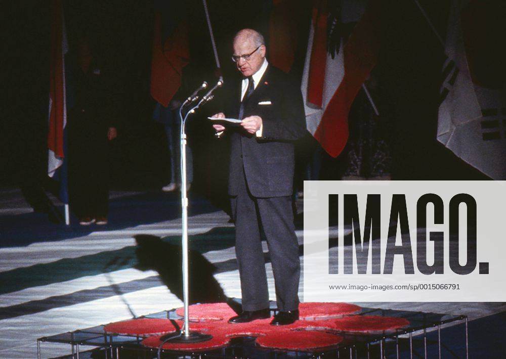 1972 Sapporo Winter Olympics - Closing Ceremony International Olympic Committee (IOC) President Avery Brundage addresses the crowds at the Makomanai Ice Arena, Japan.