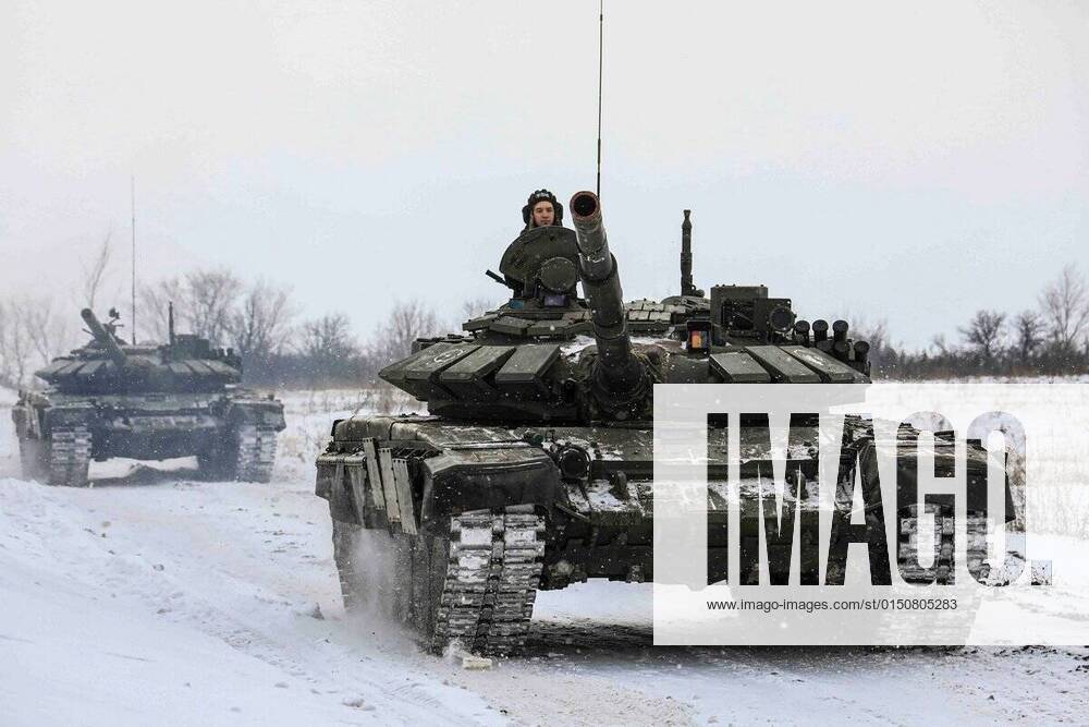 Ukraine Konflikt, Historie February 14, 2022, Leningrad Region, Russia: A tank of Russian armed forces during military exercises in the Leningrad Region, Russia, in this handout picture released February 14, 2022. Russia reportedly is sending thousands more troops to the Ukraine border. Leningrad Region Russia - ZUMAz03_ 20220214_int_z03_027