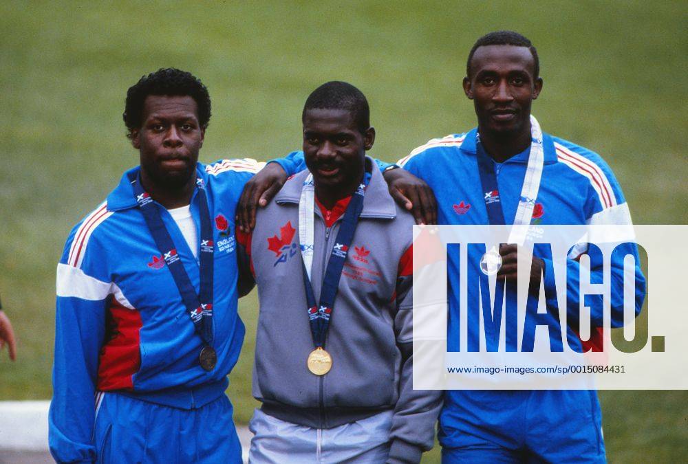 Athletics - 1986 Edinburgh Commonwealth Games - Men s 100m Medal Presentation Left to right: England s Mike McFarlane (bronze), Canada s Ben Johnson (gold) and England s Linford Christie (silver) at Meadowbank Stadium.