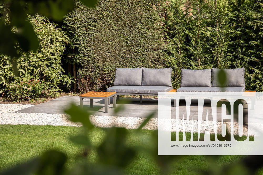 Comfortable gray sofa placed near lush green trees on terrace with grassy lawn on sunny summer day in house garden, Property released CasaMedia_RichardWagnerstraat1_32.jpg