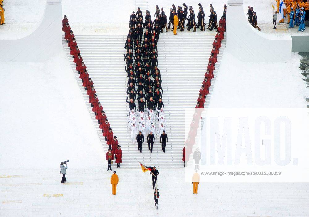 Opening Ceremony - 1976 Innsbruck Winter Olympics Wolfgang Zimmerer is the flag-bearer leading the West Germany team at the Bergiselschanze, Bergisel, Innsbruck, Austria. 04 02 1976