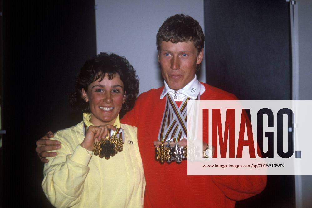 Maria Walliser und Pirmin Zurbriggen (beide SUI) - erfolgreichste Teilnehmer der Alpinen Ski WM 1987 mit je zwei Gold Medaillen