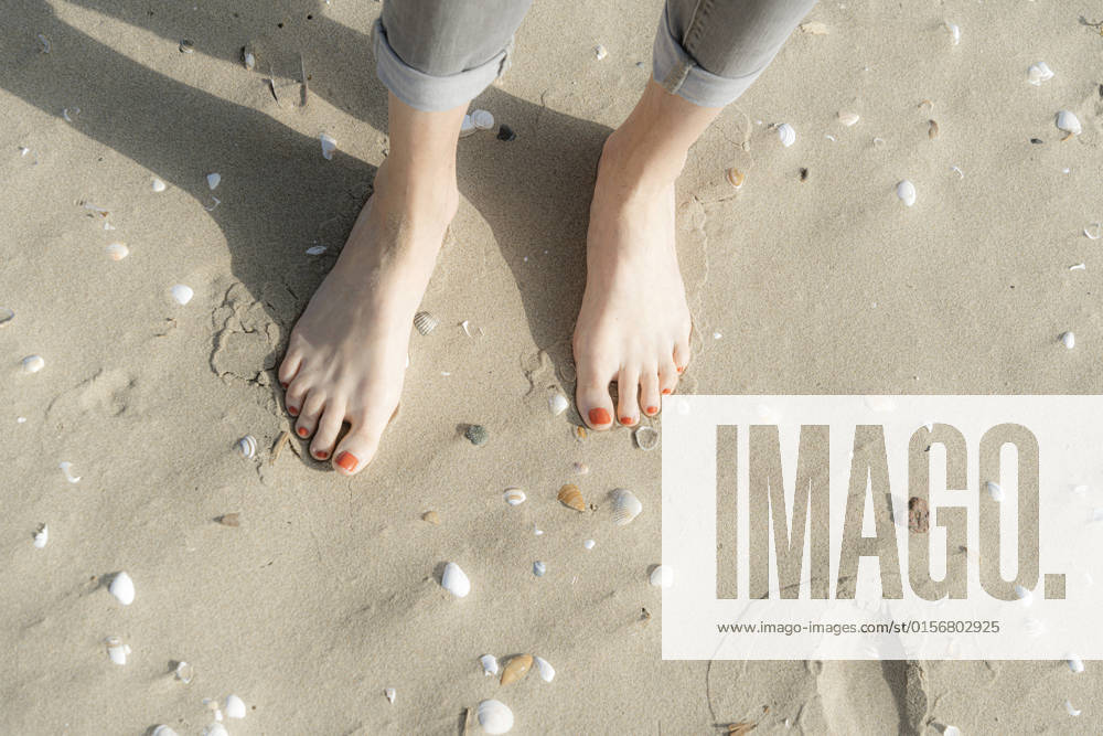 Woman standing barefeet on sand with seashells at beach model released, Symbolfoto, CHPF00845