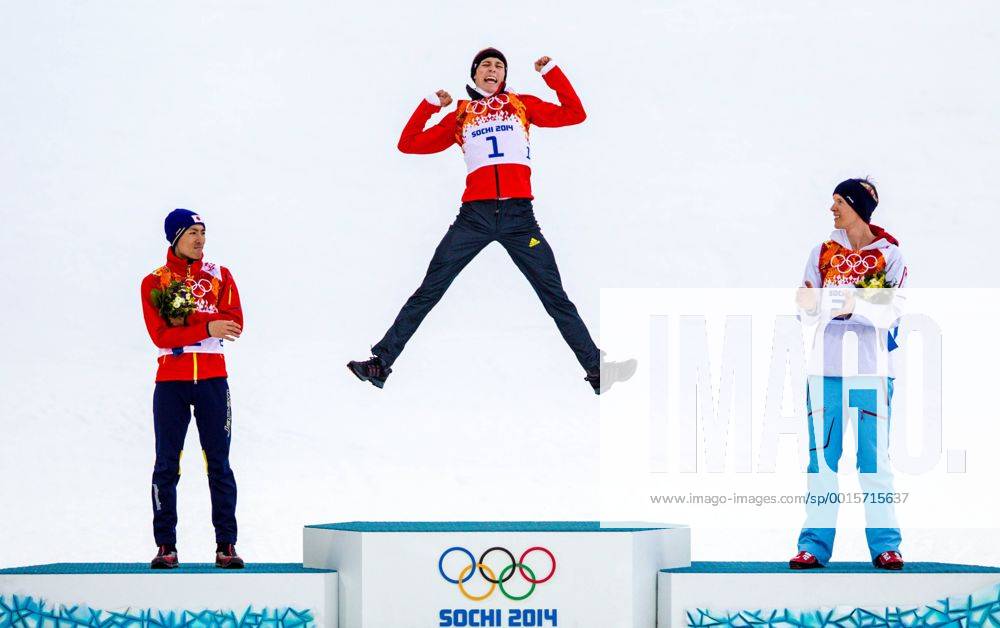 , Skisprungkomplex RusSki , Nordische Kombination im Bild: Akito Watabe (Japan) , Eric Frenzel (Deutschland) und Magnus Krog (Norwegen)