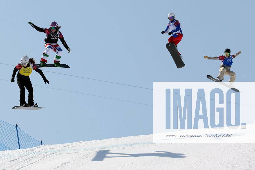 Feb. 16, 2014 - Sochi, RUS - Alexandra Jekova of Bulgaria (left to right), Michela Moioli of Italy, Chloe Trespeuch of France and Fay Gulini of the USA compete during the women s snowboard cross final at the Rosa Khutor Extreme Park during the Winter Olympics in Sochi, Russia, Sunday, Feb. 16, 2014. Women s Snowboard Cross - ZUMAm67