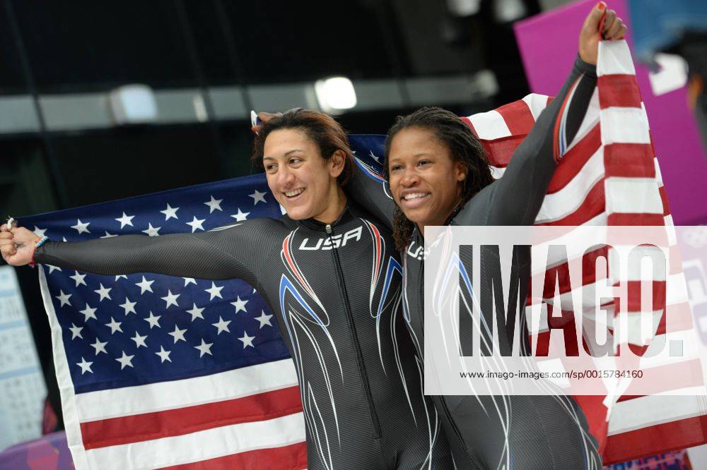 Elana MEYERS Lauryn WILLIAMS (USA-1), im Ziel, Jubel, jubelt, Freude, Begeisterung, Emotion, jubeln, cheers, 2. Platz, Silber, Silbermedaille, Silbermedaillengewinnerin, Bob der Frauen, Damen, Women, Bobsleigh 19.02.2014 Sliding Center Sanki. XXII. Olympische Winterspiele 2014, vom 07.02. - 23.02.2014 in Sotschi Russland.