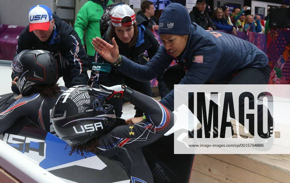Feb. 19, 2014 - Sochi, Krasnodar Krai, Russia - USA s Jazmine FENLATOR(right) congratulates teammate Lauryn WILLIAMS after she and Elana MEYERS won Silver for the USA in the Women s Bobsleigh event at the Winter Olympics on February 19 in Sochi, Russia. Women s Bobsleigh - Sochi 20144 - ZUMAa35