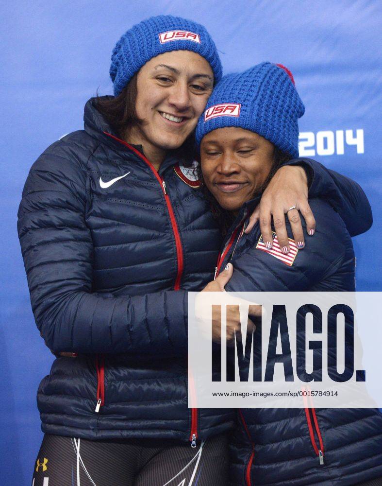 Feb. 19, 2014 - Sochi, RUS - USA-1 bobsled driver Elana Meyers hugs teammate Lauryn Williams after placing second in the women s bobsled finals during the Winter Olympics on Wednesday, Feb. 19, 2014, in Sochi, Russia. SOCHI OLYMPIC GAMES WOMEN S BOBSLED, BOBSLEIGH - ZUMAm67