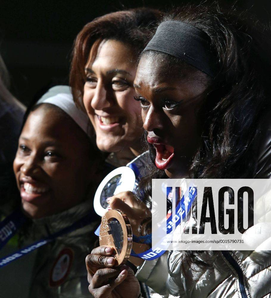 Feb. 20, 2014 - Sochi, Krasnodar Krai, Russia - USA s Women s Bobsleigher Aja EVANS(Bronze medal), Elayna Meyers and Lauryn Williams with their medals for Women s Bobleigh during the Winter Olympics on February 20 in Sochi, Russia. Cross-Country Skiing Men s Team Sprint Classic - Sochi 2014 Cross-Country Skiing Ladies Team Sprint Classic - Sochi 2014 Men s Alpine Skiing - Sochi 2014 Women s Bobsleigh - Sochi 2014 - ZUMAa35