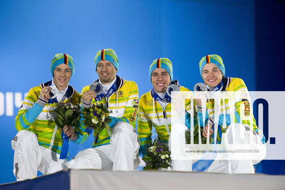 Team GER, Deutschland, mit Eric FRENZEL, Bjoern KIRCHEISEN, Björn, Johannes RYDZEK und Fabian RIESSLE, 2. Platz, Silber, Silbermedaille, Silbermedaillengewinner, Jubel, jubelt, Freude, Begeisterung, Emotion, jubeln, cheers, Nordische Kombination, Team, Team Gundersen LH 4x5 km, Cross-Country, Large Hill, Grossschanze, Siegerehrung, Medal Ceremony, Medal Plaza am 20.02.2014. XXII. Olympische Winterspiele 2014, vom 07.02. - 23.02.2014 in Sotschi Russland.