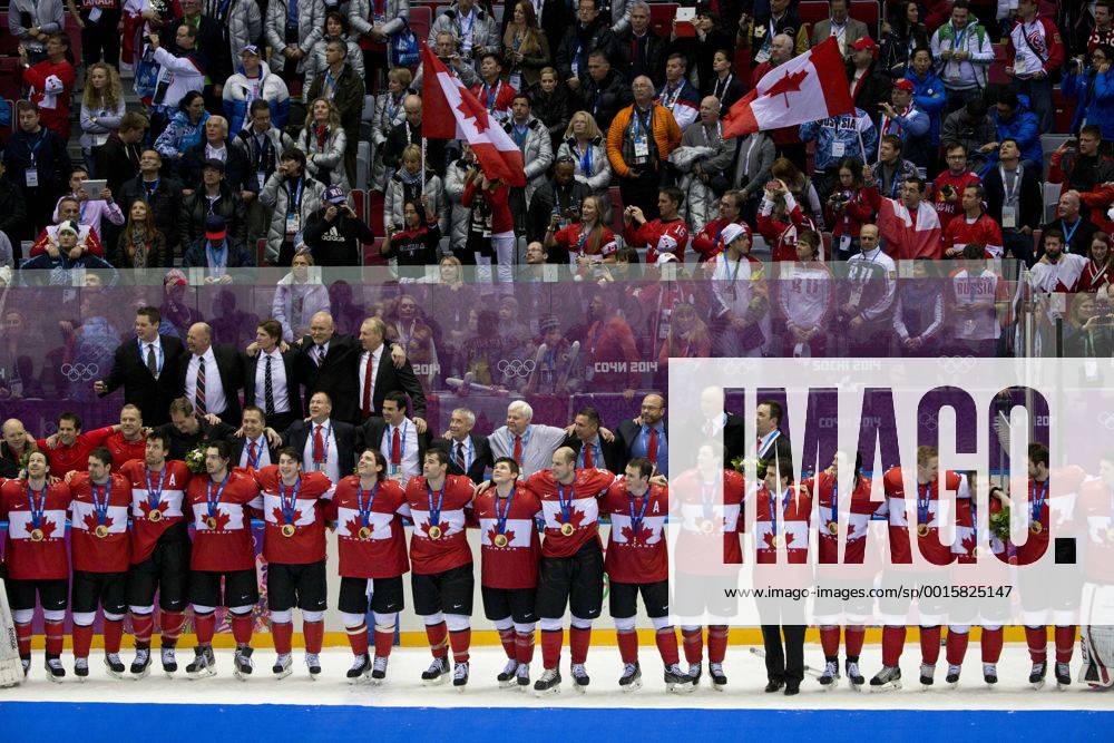 Feb. 23, 2014 - Sochi, Russia - Members of the Canadian team wear their gold medals during the award ceremony in Mens gold medal game at the Bolshoy Ice Dome during the Sochi 2014 Winter Olympic in Sochi, Russia. Men s Hockey - Wins Gold - Sochi 2014 - ZUMAj89