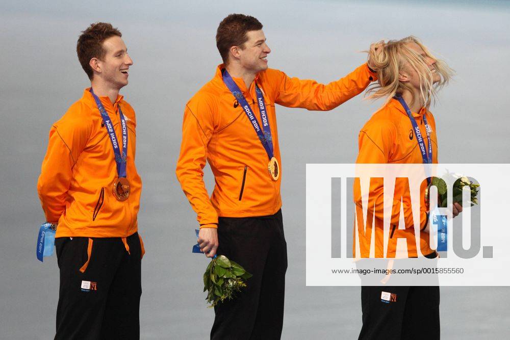 Jan Blokhuijsen, Jorrit Bergsma, Sven Kramer NED-team after speed skating mens team pursuit at 2014 Olympic Winter Games in Sochi; 22 02 2014 -