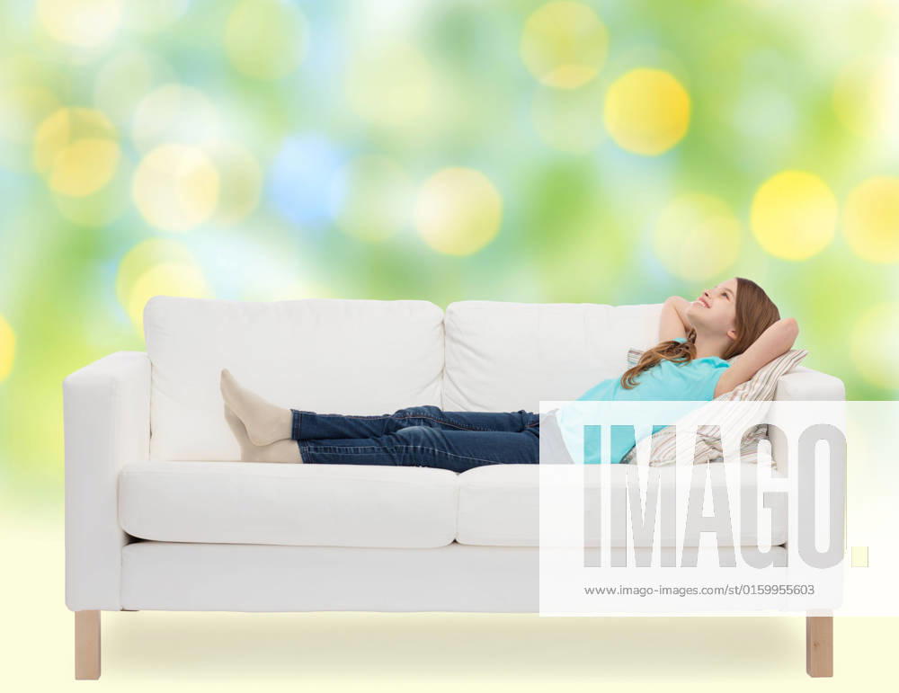 Home, leisure, people and happiness concept - smiling little girl lying on sofa and dreaming over green lights background, model released, , 18958884.jpg, little, girl, sofa, lying, happy, daydreaming, smiling, child, kid, pre-teen, person, people, leisure, couch, teen, white, teenage, happiness, female, relaxing, cute, furniture, young, nice, lovely, resting, teenager, cheerful, beautiful, dreaming, comfortable, pretty, relaxed, small, concept, chilling, soft, thinking, looking, up, making, dream, daydream, wish, childhood, green, background, lights, holidays, summer,