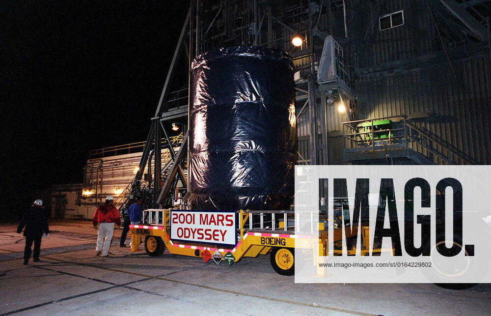 In the early morning before dawn the 2001 Mars Odyssey spacecraft arrives at Launch Pad 17-A, Cape Canaveral Air Force Station. It will be mated with the Delta II rocket that will launch it. The spacecraft will map the Martian surface in search of geological features that could indicate the presence of water, now or in the past, and may contribute significantly toward understanding what will be necessary for a more sophisticated exploration of Mars. Launch is scheduled for 11:02 a.m. EDT April 7