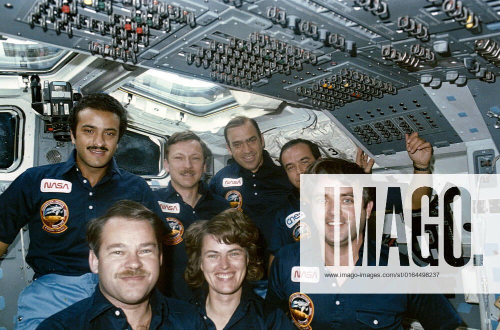51G-21-011 (17-24 June 1985) --- Group portrait on flight deck of all seven STS-51G crew members. Left to right (front) are John O. Creighton, Shannon W. Lucid, Daniel C. Brandenstein; and (back row) are Sultan Salman Abdelazize Al-Saud, Steven R. Nagel, John M. Fabian and Patrick Baudry.