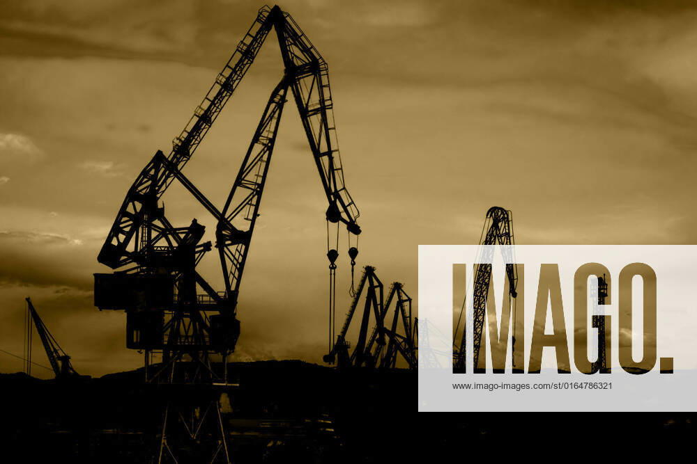 IMAGO Creative: Business, Inflation und Lieferketten Silhouettes of cranes against a cloudy sky